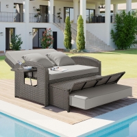 Stylish Double Chaise Lounge with Adjustable Back, 2-Person Rattan Daybed with Thick Cushion, 53.5" L x 43" W x 21.5" H, Gray