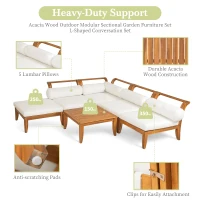6 Piece Patio Sofa Set with Tea Table & Ottoman for Garden, Modular Sectional with 5 Thick Cushion, 30" L x 27.5" W x 16" H, Teak+Beige(m-7)