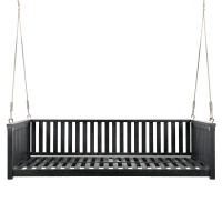 Twin Size Acacia Wood Porch Swing with Ropes for Patio & Garden, Hanging Swing Bed with Sloped Design, 79'' L x 41.5'' W x 21'' H, Black(m-13)