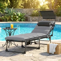 Outsunny Lounge Chair Outdoor, Folding Chaise Lounge with 5-Level Adjustable Back, Cushion, Side Pocket and Headrest(m-8)