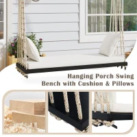 Acacia Wood Porch Swing with Plush Cushion & 2 Throw Pillow, Hanging Swing Bench for Garden & Backyard, 63'' L x 23.5'' W x 2'' H, Black(m-4)