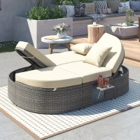 2-Person Patio Daybed with Adjustable Backrest & Cup Tray, Wicker Chaise Lounge with Thick Cushion, 78.5'' L x 55.5'' W x 16.5'' H, Beige(m-8)