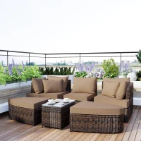Round Patio Sofa Set with All-Weather Wicker & Thick Cushions, PE Rattan Conversation Group for Garden, 87" L x 61" W x 33.5" H, Brown(m-7)