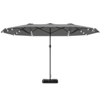 Outsunny Garden Parasol 14.4ft Double-Sided Sun Umbrella with Base, Patio Parasol with LED Solar Lights, Gray(m-1)