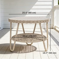 Outsunny Rattan Outdoor Coffee Table, 2-Tier Small Garden Side Table with Storage Shelf, Tempered Glass Top, Adjustable Footpads(m-3)