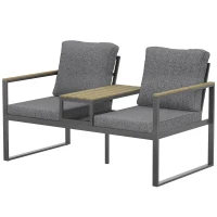 Outsunny Outdoor Garden Bench with Integrated Table, 2 Seater Patio Loveseat with Thick Cushions, 136 cm Grey(m-2)