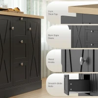 HOMCOM Farmhouse Kitchen Island Cart with Power Outlet and Soft-Close Doors, 49" Kitchen Island with 3 Drawers, Black(m-9)