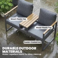 Outsunny Outdoor Garden Bench with Integrated Table, 2 Seater Patio Loveseat with Thick Cushions, 136 cm Grey(m-6)