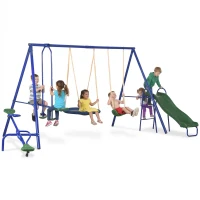 Outsunny Swing Set for Backyard, 5 in 1 Outdoor Playset for Kids with Heavy-Duty A-Frame Stand, 29.5" Saucer Swing, Slide, Teeter-Totter, Glider, 693 Lbs Load, Blue(m-1)