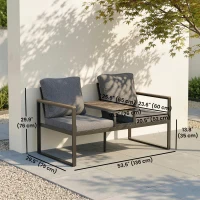 Outsunny Outdoor Garden Bench with Integrated Table, 2 Seater Patio Loveseat with Thick Cushions, 136 cm Grey(m-3)