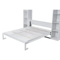 Queen Size Murphy Bed with Shelves and LED Lights, Space-Saving Wall Bed with Flexible Slats, 93.5" L x 84.5" W x 88.5" H, White(m-6)