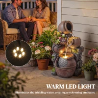 Outsunny Outdoor Fountain with 4-Tier Rustic Pot Design, Cascading Rock Waterfall with LED Lights and Adjustable Flow(m-6)