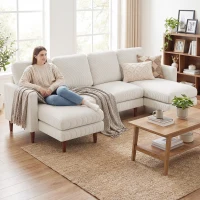 HOMCOM Sectional Sofa, Corduroy U Shaped Couch with Double Chaise and Spring Cushions, 2200lb Capacity, Beige(m-1)