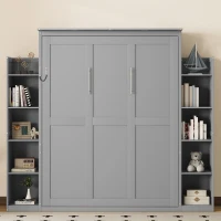 Queen Size Murphy Bed with Shelves and LED Lights, Space-Saving Wall Bed with Flexible Slats, 93.5" L x 84.5" W x 88.5" H, Grey(m-5)