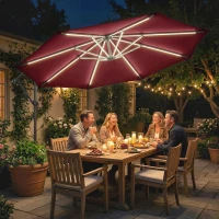 Outsunny 10 ft Offset Patio Umbrella with Solar Light, Garden Hanging Parasol with 360° Rotation, Tilt, Cover, Wine Red(m-8)