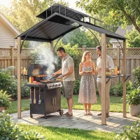 Outsunny 8 x 6ft Hardtop Grill Gazebo, BBQ Gazebo with Metal Double Roof, Outdoor Grill Canopy with Wood-Grain Aluminum Frame(m-1)
