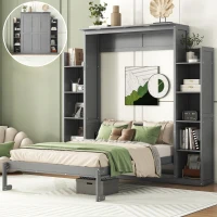Full Size Murphy Bed with Shelves, LED Lights, Space-Saving Wall Bed with Flexible Slats, Dual Piston Mechanism, 87" L x 81" W x 83.5" H, Grey(m-1)