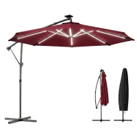 Outsunny 10 ft Offset Patio Umbrella with Solar Light, Garden Hanging Parasol with 360° Rotation, Tilt, Cover, Wine Red(m-2)