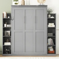 Full Size Murphy Bed with Shelves, LED Lights, Space-Saving Wall Bed with Flexible Slats, Dual Piston Mechanism, 87" L x 81" W x 83.5" H, Grey(m-4)