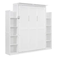 Full Size Murphy Bed with Shelves and LED Lights, Space-Saving Wall Bed with Flexible Slats, 87" L x 81" W x 83.5" H, White(m-12)