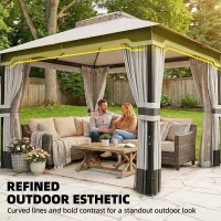 Outsunny 10' x 12' Patio Gazebo, Double Roof Outdoor Gazebo Canopy Shelter with Netting and Curtains, Steel Frame, Light Grey(m-5)