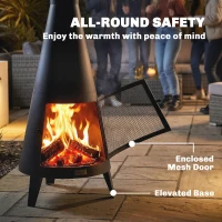 Outsunny Wood Burning Firepit with Chimney, Outdoor Fire Pit with Poker, Mesh Screen, Black(m-6)