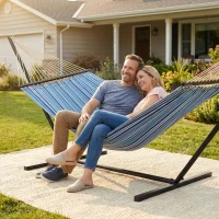 Outsunny Hammock with Stand Heavy Duty Camping Hammock with Steel Frame for Patio Backyard Blue and White(m-9)
