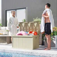 Outsunny 70 Gallon Deck Box, Resin Outdoor Storage Box with Handles, Waterproof Storage Container for Garden Tools, Sand(m-9)