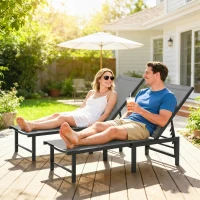 Outsunny Outdoor Lounge Chair Set of 2, 5-Position Reclining Outdoor Chaise Lounge Tanning Chair with Mesh Seat, Grey(m-8)