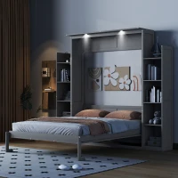 Queen Size Murphy Bed with Shelves and LED Lights, Space-Saving Wall Bed with Flexible Slats, 93.5" L x 84.5" W x 88.5" H, Grey(m-4)
