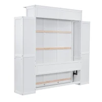 Queen Size Murphy Bed with Shelves and LED Lights, Space-Saving Wall Bed with Flexible Slats, 93.5" L x 84.5" W x 88.5" H, White(m-7)