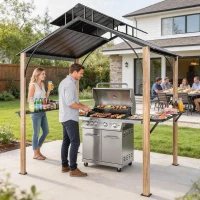 Outsunny 8 x 6ft Hardtop Grill Gazebo, BBQ Gazebo with Metal Double Roof, Outdoor Grill Canopy with Wood-Grain Aluminum Frame(m-10)
