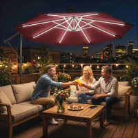 Outsunny 10 ft Offset Patio Umbrella with Solar Light, Garden Hanging Parasol with 360° Rotation, Tilt, Cover, Wine Red(m-1)