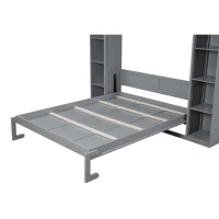 Queen Size Murphy Bed with Shelves and LED Lights, Space-Saving Wall Bed with Flexible Slats, 93.5" L x 84.5" W x 88.5" H, Grey(m-9)