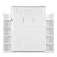 Full Size Murphy Bed with Shelves and LED Lights, Space-Saving Wall Bed with Flexible Slats, 87" L x 81" W x 83.5" H, White(m-13)
