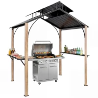 Outsunny 8 x 6ft Hardtop Grill Gazebo, BBQ Gazebo with Metal Double Roof, Outdoor Grill Canopy with Wood-Grain Aluminum Frame(m-11)