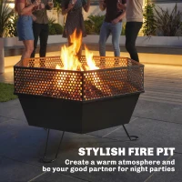 Outsunny 20" Fire Pit with Fire Poker, Foldable Wood Burning Firepits with Lid, Portable Firepit, Black(m-6)