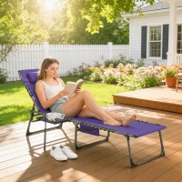 Outsunny Folding Outdoor Chaise Lounge Chair Tanning Chair with 5-Level Adjustable Back, Side Table, Pillow, Pocket, Purple(m-2)