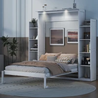 Full Size Murphy Bed with Shelves and LED Lights, Space-Saving Wall Bed with Flexible Slats, 87" L x 81" W x 83.5" H, White(m-4)