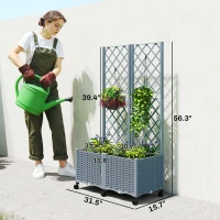Outsunny Planter Box with Trellis, Self Watering Raised Garden Bed with Lockable Wheels and Drainage Holes, Gray(m-3)