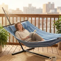 Outsunny Hammock with Stand Heavy Duty Camping Hammock with Steel Frame for Patio Backyard Blue and White(m-8)