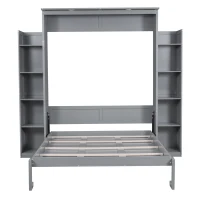 Queen Size Murphy Bed with Shelves and LED Lights, Space-Saving Wall Bed with Flexible Slats, 93.5" L x 84.5" W x 88.5" H, Grey(m-12)