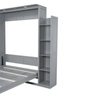 Queen Size Murphy Bed with Shelves and LED Lights, Space-Saving Wall Bed with Flexible Slats, 93.5" L x 84.5" W x 88.5" H, Grey(m-8)