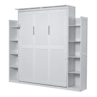 Queen Size Murphy Bed with Shelves and LED Lights, Space-Saving Wall Bed with Flexible Slats, 93.5" L x 84.5" W x 88.5" H, White(m-12)