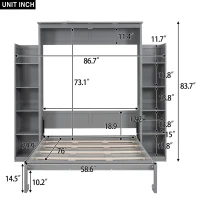 Full Size Murphy Bed with Shelves, LED Lights, Space-Saving Wall Bed with Flexible Slats, Dual Piston Mechanism, 87" L x 81" W x 83.5" H, Grey(m-3)
