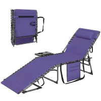 Outsunny Folding Outdoor Chaise Lounge Chair Tanning Chair with 5-Level Adjustable Back, Side Table, Pillow, Pocket, Purple(m-1)