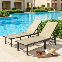 Outsunny Outdoor Lounge Chair Set of 2, 5-Position Reclining Outdoor Chaise Lounge Tanning Chair with Mesh Seat, Khaki(m-1)