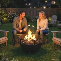 Outsunny 20" Fire Pit with Fire Poker, Foldable Wood Burning Firepits with Lid, Portable Firepit, Black(m-7)