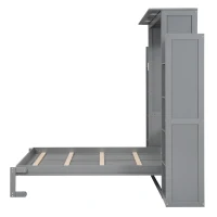 Full Size Murphy Bed with Shelves, LED Lights, Space-Saving Wall Bed with Flexible Slats, Dual Piston Mechanism, 87" L x 81" W x 83.5" H, Grey(m-16)