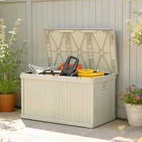 Outsunny 70 Gallon Deck Box, Resin Outdoor Storage Box with Handles, Waterproof Storage Container for Garden Tools, Sand(m-8)